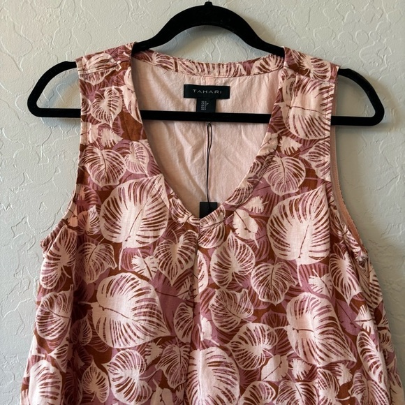 Tahari Pink Leaf Print V-Neck Sleeveless Linen A-Line Dress Pockets Size Small - Picture 8 of 11